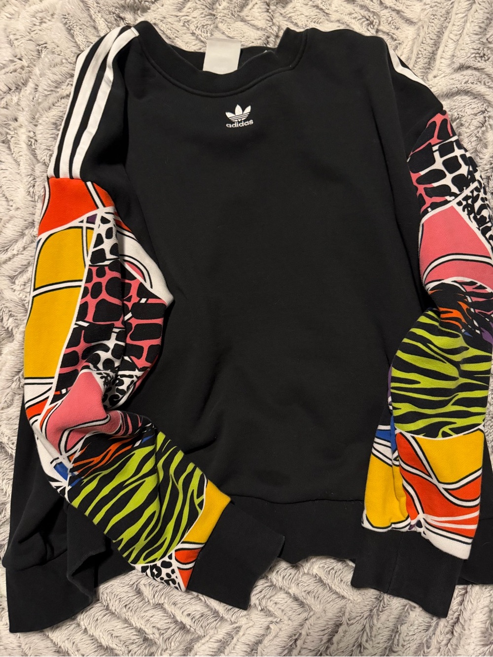 adidas Black Crewneck Sweatshirt with Multicolor Patterned Sleeves